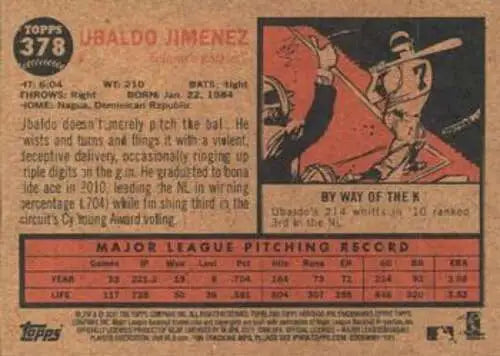 Baseball card back of 2011 Topps Heritage #378 Ubaldo Jimenez NMMT with original gloss