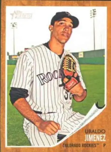 Ubaldo Jimenez NMMT 2011 Topps Heritage baseball card with original gloss, Rockies ID:7517