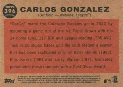 Baseball card back of 2011 Topps Heritage #396 Carlos Gonzalez with original gloss