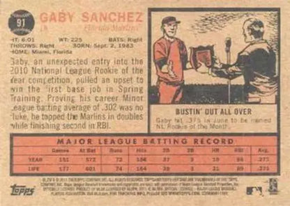 Gaby Sanchez NMMT baseball card from 2011 Topps Heritage with original gloss finish