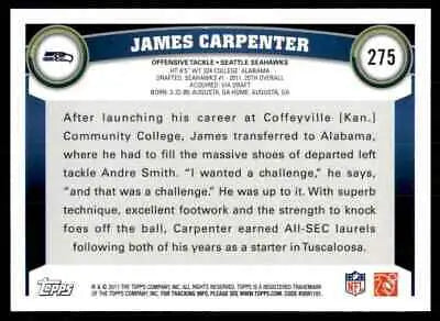 James Carpenter Rookie card from 2011 Topps featuring the Seattle Seahawks