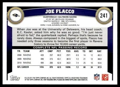 NFL trading card featuring Joe Flacco statistics and biographical information