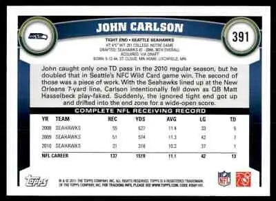 John Carlson football card from 2011 Topps Seattle Seahawks #391, text-align center design