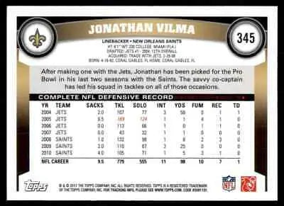 Jonathan Vilma football card from 2011 Topps New Orleans Saints #345 text-align center