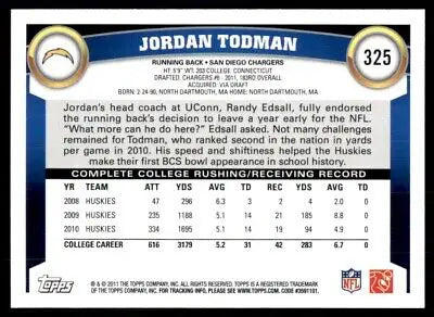 Jordan Todman football card from 2011 Topps San Diego Chargers #325, text-align center