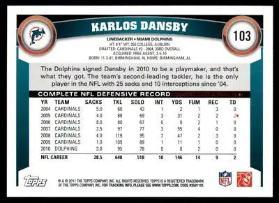 Karlos Dansby football card from 2011 Topps featuring Miami Dolphins #103 design