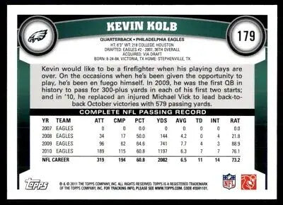 Kevin Kolb football card back from 2011 Topps Philadelphia Eagles #179 text-align center