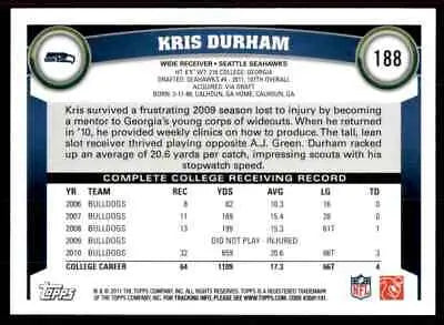 Kris Durham football card 2011 Topps Rookie Seattle Seahawks #188 text-align center line-height normal