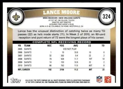 Lance Moore football card from 2011 Topps New Orleans Saints #324 display