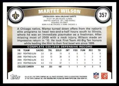 Martez Wilson 2011 Topps Rookie Card featuring New Orleans Saints #357 in mint condition