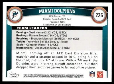 Miami Dolphins football card from 2011 Topps Miami Dolphins Team #226