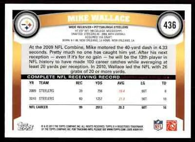 2011 Topps Mike Wallace Pittsburgh Steelers #436 football card back design