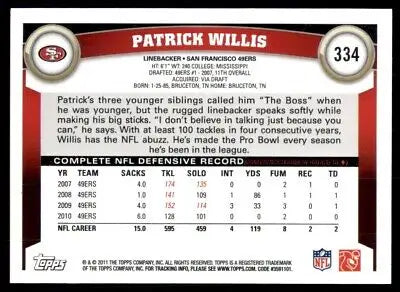 Patrick Willis football card from 2011 Topps San Francisco 49ers #334 in text-align center