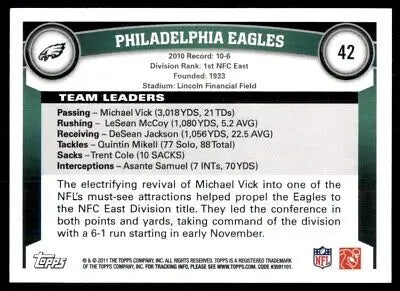 Philadelphia Eagles football card from 2011 Topps Eagles Team collection #42