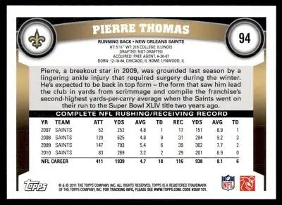 2011 Topps Pierre Thomas New Orleans Saints #94 football card displayed text-align center