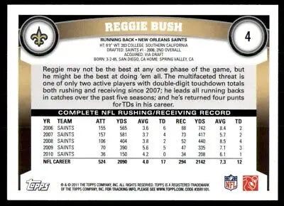 Reggie Bush football card back featuring New Orleans Saints details and stats