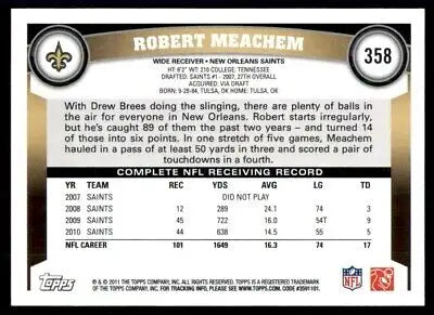 Robert Meachem football card from 2011 Topps New Orleans Saints #358 for collectors