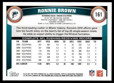 Ronnie Brown football card from 2011 Topps Miami Dolphins #161 displayed center aligned