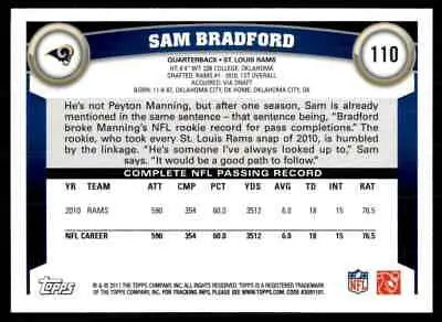 Sam Bradford football card back from 2011 Topps St. Louis Rams #110 collectible