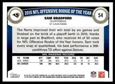 Sam Bradford football card from 2011 Topps St. Louis Rams #54, showcasing a key player