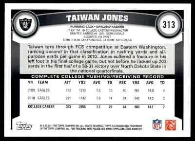 Taiwan Jones football card back from 2011 Topps Oakland Raiders Rookie #313