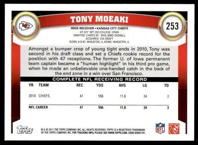 Tony Moeaki football card from 2011 Topps, Kansas City Chiefs #253, text-align center display