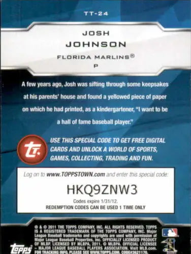 Baseball card back of 2011 Topps Topps Town Josh Johnson with original gloss features