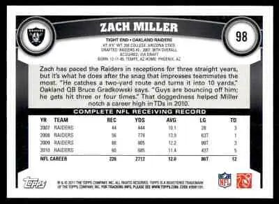 Zach Miller 2011 Topps Zach Miller Oakland Raiders football card #98 for collectors