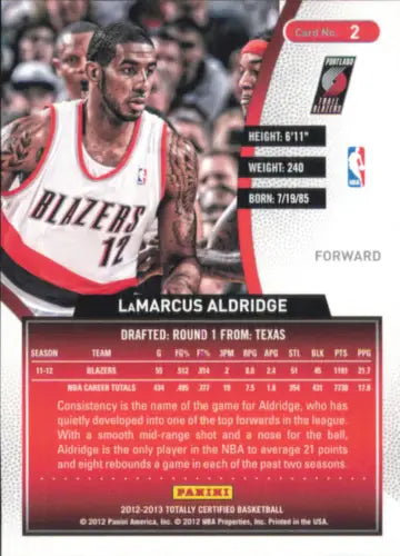 LaMarcus Aldridge 2012-13 Totally Certified Red #2 basketball card Trail Blazers NM-MT