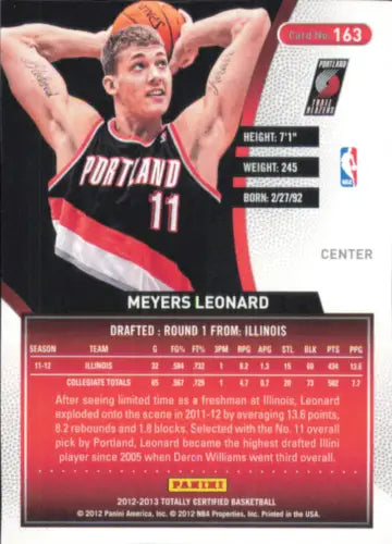 2012-13 Totally Certified Red Meyers Leonard Trail Blazers Card NM-MT /499