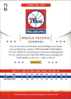 Nikola Vucevic Rookie card from 2012-13 Hoops featuring Philadelphia 76ers NBA team