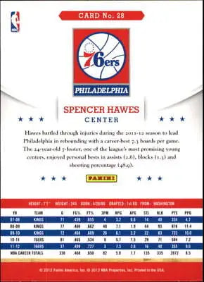 Spencer Hawes Philadelphia 76ers NBA Basketball Card 2012-13 Hoops #28 EX Condition