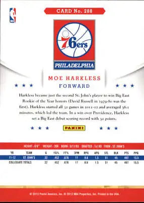 Basketball card back of 2012-13 Hoops Moe Harkless Philadelphia 76ers Rookie Card EX