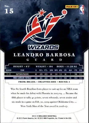 Basketball card back of 2012-13 Panini Brilliance Leandro Barbosa Washington Wizards