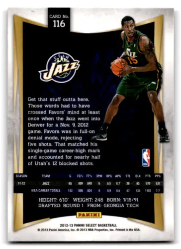 Basketball card back of 2012-13 Panini Select #116 Derrick Favors with original gloss