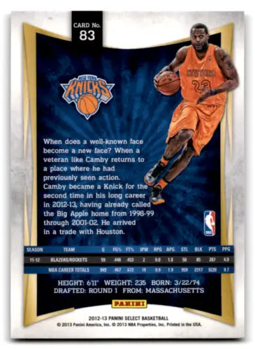 Basketball card back of 2012-13 Panini Select Marcus Camby with original gloss finish