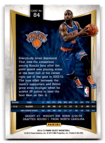 Raymond Felton 2012-13 Panini Select basketball card with original gloss Knicks design