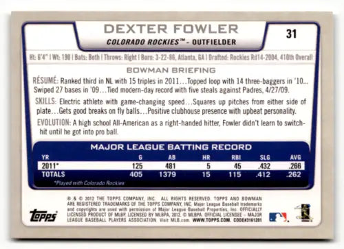 Dexter Fowler 2012 Bowman #31 baseball card in original gloss condition, Rockies