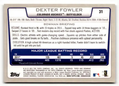 Dexter Fowler 2012 Bowman #31 baseball card in original gloss condition, Rockies