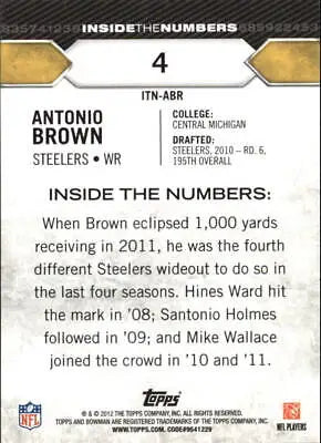 Antonio Brown 2012 Bowman Inside the Numbers card featuring Pittsburgh Steelers NM-MT