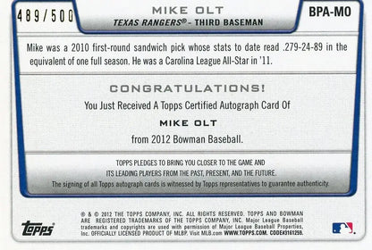 2012 Bowman Mike Olt Autograph Blue #BPA-MO Texas Rangers MLB Baseball Card