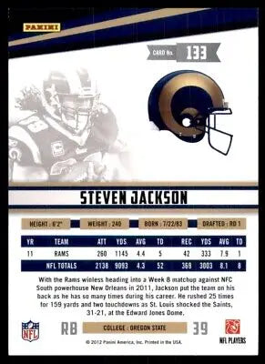 Football card back of 2012 Panini Rookies & Stars Steven Jackson, St. Louis Rams #133