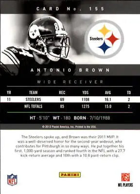 Antonio Brown Pittsburgh Steelers football card 2012 Prestige #155 NM-MT condition