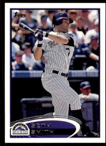 Baseball card of Seth Smith in pinstriped uniform for the Colorado Rockies Original Gloss