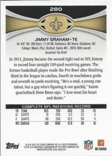 Jimmy Graham football card back showcasing original gloss from 2012 Topps #280 Saints