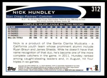 2012 Topps #312 Nick Hundley baseball card with original gloss for Padres fans