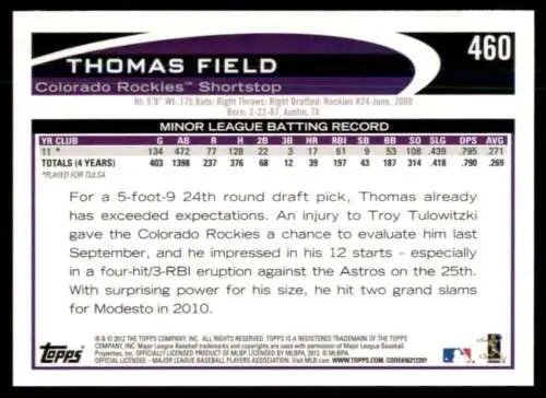 Baseball card back of 2012 Topps #460 Thomas Field NM-MT RC Rookie Rockies original gloss