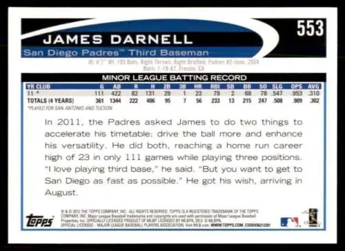 James Darnell 2012 Topps #553 NM-MT RC Rookie Padres original gloss baseball card