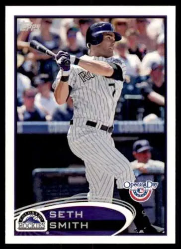 Baseball card of Seth Smith swinging bat in pinstriped uniform, Topps Opening Day original gloss