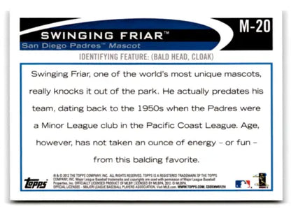 Baseball card showcasing San Diego Padres Swinging Friar from 2012 Topps Opening Day Mascots